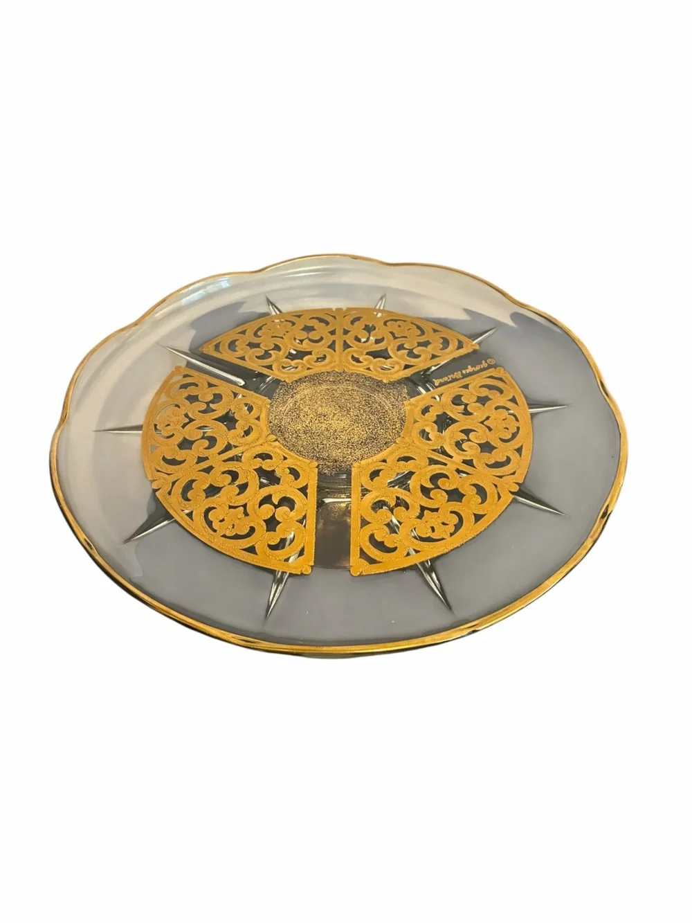 Georges Briard Vintage Glass Gold Filigree Scalloped Cake Stand MCM